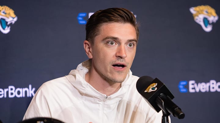 Apr 25, 2025; Jacksonville, FL, USA; Jacksonville Jaguars head general manager James Gladstone talks to the media during a press conference to introduce first round draft pick Travis Hunter (not pictured) at Miller Electric Center. Mandatory Credit: Travis Register-Imagn Images