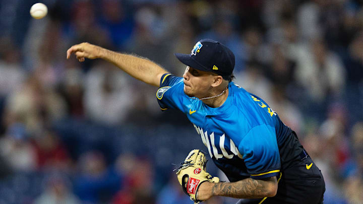 Apr 19, 2024; Philadelphia, Pennsylvania, USA; Philadelphia Phillies pitcher Orion Kerkering (50)