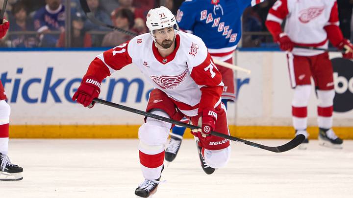 Apr 4, 2026; New York, New York, USA; Detroit Red Wings center Dylan Larkin (71) skates up ice against the New York Rangers during the first period at Madison Square Garden. Mandatory Credit: Danny Wild-Imagn Images