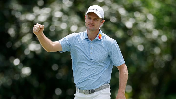 Justin Rose celebrates during the first round of the 2025 Masters at Augusta National