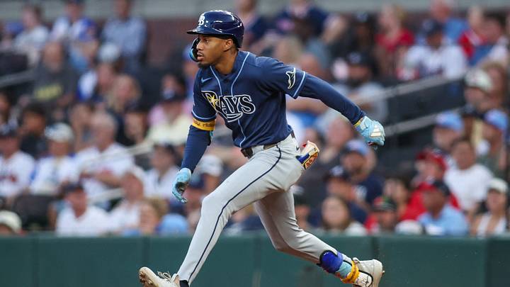 Sep 9, 2026; Atlanta, Georgia, USA; Tampa Bay Rays left fielder Chandler Simpson (14) hits a single against the Atlanta Braves in the second inning at Truist Park. Mandatory Credit: Brett Davis-Imagn Images Sep 9, 2026; Atlanta, Georgia, USA; Tampa Bay Rays left fielder Chandler Simpson (14) hits a single against the Atlanta Braves in the second inning at Truist Park. Mandatory Credit: Brett Davis-Imagn Images