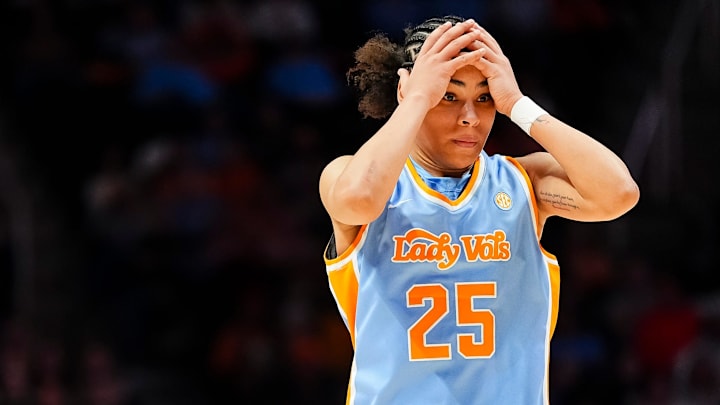 Tennessee Deniya Prawl (25) shows her frustration after missing another free throw during a women's college basketball game between the Lady Vols and Mississippi State held at Thompson-Boling Arena at Food City Center in Knoxville, Tenn., on Jan. 29, 2026.