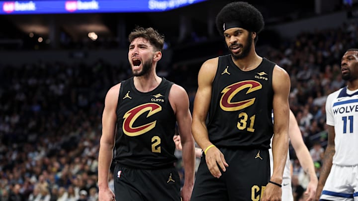 Jan 18, 2025; Minneapolis, Minnesota, USA; Cleveland Cavaliers guard Ty Jerome (2) celebrates his basket during the third quarter against the Minnesota Timberwolves at Target Center. Mandatory Credit: Matt Krohn-Imagn Images
