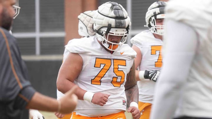 Tennessee offensive lineman Wendell Moe Jr. (75) at the first University of Tennessee spring football practice, Friday, March 7, 2025.