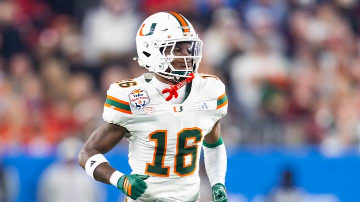 Jan 8, 2026; Glendale, AZ, USA; Miami Hurricanes defensive back Ja'Boree Antoine (16) against the Mississippi Rebels during the 2026 Fiesta Bowl and semifinal game of the College Football Playoff at State Farm Stadium. Mandatory Credit: Mark J. Rebilas-Imagn Images