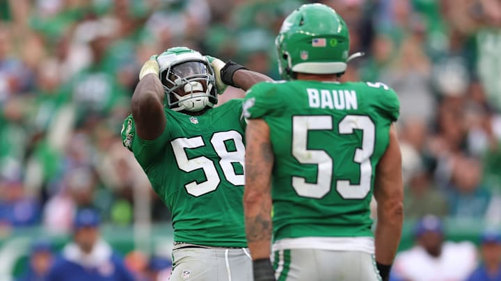 Oct 26, 2025; Philadelphia, Pennsylvania, USA; Philadelphia Eagles linebacker Jalyx Hunt (58) reacts with linebacker Zack Baun (53) after a sack against the New York Giants during the third quarter at Lincoln Financial Field. Mandatory Credit: Bill Streicher-Imagn Images Oct 26, 2025; Philadelphia, Pennsylvania, USA; Philadelphia Eagles linebacker Jalyx Hunt (58) reacts with linebacker Zack Baun (53) after a sack against the New York Giants during the third quarter at Lincoln Financial Field. Mandatory Credit: Bill Streicher-Imagn Images