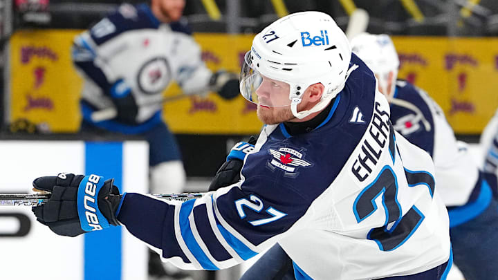 Apr 3, 2025; Las Vegas, Nevada, USA; Winnipeg Jets left wing Nikolaj Ehlers (27) warms up before a game against the Vegas Golden Knights at T-Mobile Arena. Mandatory Credit: Stephen R. Sylvanie-Imagn Images Apr 3, 2025; Las Vegas, Nevada, USA; Winnipeg Jets left wing Nikolaj Ehlers (27) warms up before a game against the Vegas Golden Knights at T-Mobile Arena. Mandatory Credit: Stephen R. Sylvanie-Imagn Images