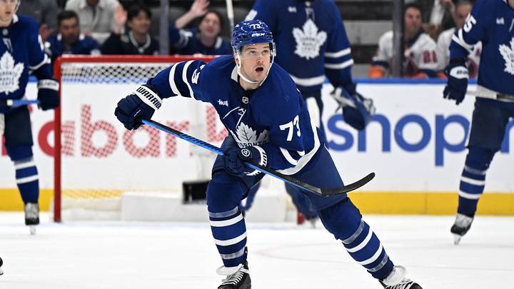 Sep 30, 2026; Toronto, Ontario, CAN;  Toronto Maple Leafs forward Theodor Blueger (73) pursues the play against the New York Islanders in the third period at Scotiabank Arena.  Mandatory Credit: Dan Hamilton-Imagn Images