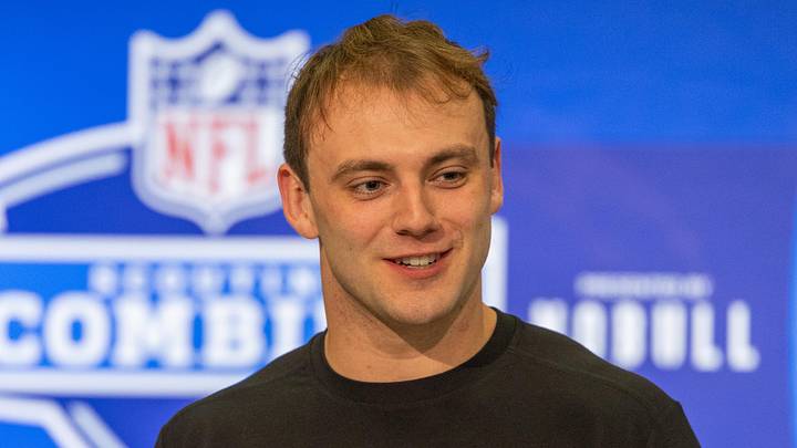Feb 29, 2024; Indianapolis, IN, USA; Georgia tight end Brock Bowers (TE04) talks to the media during