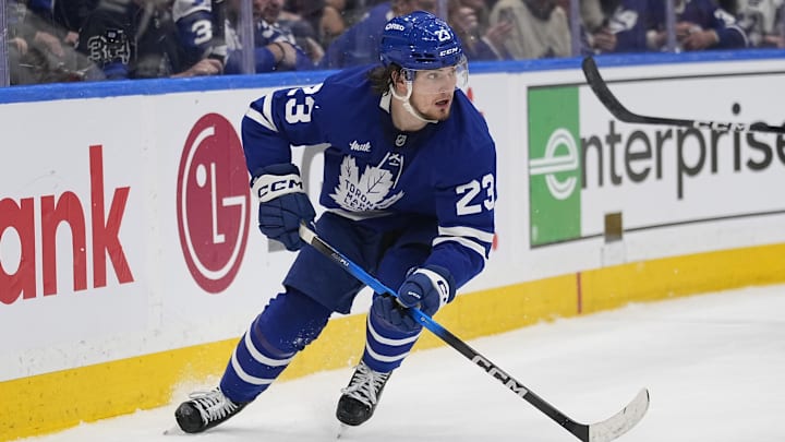 May 14, 2025; Toronto, Ontario, CAN; Toronto Maple Leafs forward Matthew Knies (23) carries the puck against the Florida Panthers during the first period of game five of the second round of the 2025 Stanley Cup Playoffs at Scotiabank Arena. Mandatory Credit: John E. Sokolowski-Imagn Images