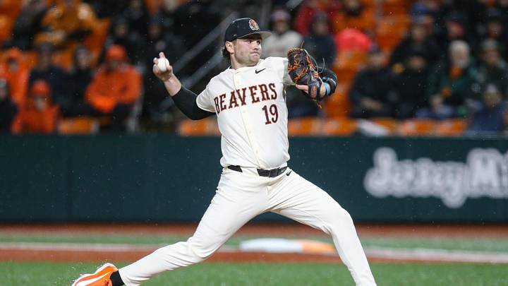 Oregon State's Wyatt Queen pitches the ball during an NCAA college baseball game at Goss Stadium on Friday, March 6, 2026, in Corvallis, Ore. Oregon State's Wyatt Queen pitches the ball during an NCAA college baseball game at Goss Stadium on Friday, March 6, 2026, in Corvallis, Ore.