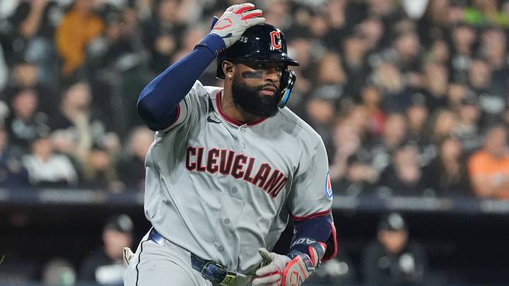 Oct 8, 2026: Cleveland Guardians designated hitter Jo Adell (7) hits an RBI single during the sixth inning against the Chicago White Sox in game four of the ALDS for the 2026 MLB Playoffs at Rate Field.  Credit: David Banks-Imagn Images