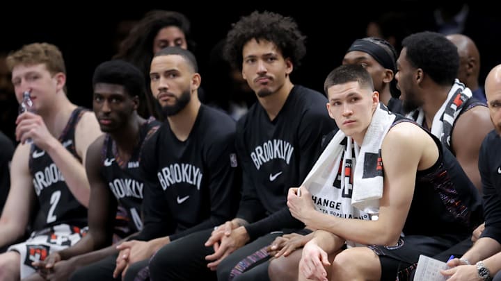 Jan 23, 2026; Brooklyn, New York, USA; Brooklyn Nets guard Egor Demin (8) watches from the bench during double overtime against the Boston Celtics at Barclays Center. Mandatory Credit: Brad Penner-Imagn Images
