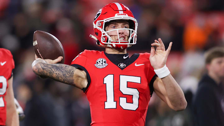Nov 29, 2024; Athens, Georgia, USA; Georgia Bulldogs quarterback Carson Beck (15) prepares for a game against the Georgia Tech Yellow Jackets at Sanford Stadium. Mandatory Credit: Brett Davis-Imagn Images
