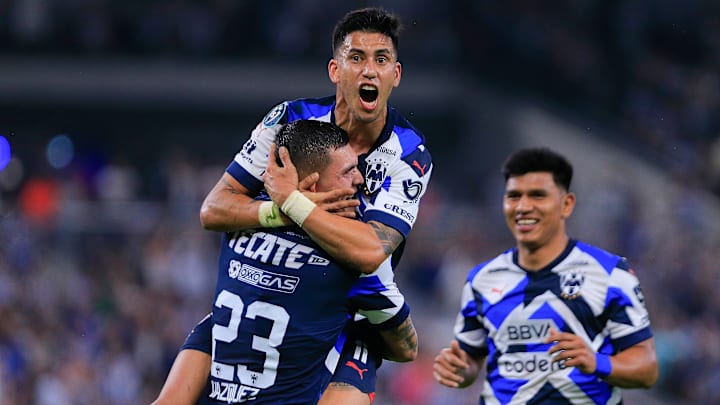 Maxi Meza leaps into the arms of Brandon Vazquez after Vazquez scored against his former team in a Concacaf Champions Cup match.