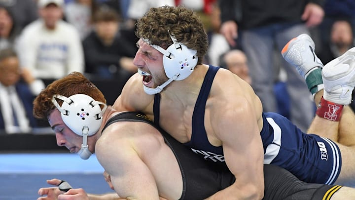 Mitchell Mesenbrink of the Penn State Nittany Lions celebrates win against Iowa's Michael Caliendo at the 2025 NCAA Wrestling Championship at Wells Fargo Center. Mitchell Mesenbrink of the Penn State Nittany Lions celebrates win against Iowa's Michael Caliendo at the 2025 NCAA Wrestling Championship at Wells Fargo Center.