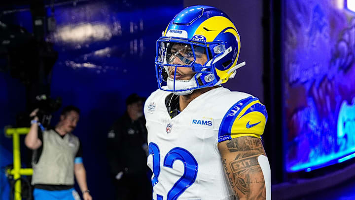 Los Angeles Rams running back Blake Corum (22) takes the field for warm up against Detroit Lions at Ford Field in Detroit on Sunday, September 8, 2024.