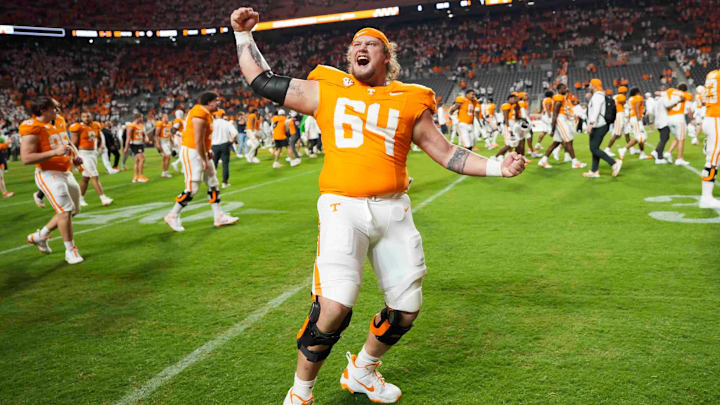 Oct 12, 2024; Knoxville, Tennessee, USA; Tennessee Volunteers offensive lineman Ayden Bussell (64) reacts after a game against the Florida Gators at Neyland Stadium. Mandatory Credit: Caitie McMekin/USA TODAY Network via Imagn Images Oct 12, 2024; Knoxville, Tennessee, USA; Tennessee Volunteers offensive lineman Ayden Bussell (64) reacts after a game against the Florida Gators at Neyland Stadium. Mandatory Credit: Caitie McMekin/USA TODAY Network via Imagn Images