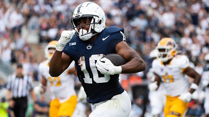 Penn State running back Nick Singleton (10) runs to the end zone to score a touchdown on a 17-yard reception in the first half of an NCAA football game against Kent State, Saturday, Sept. 21, 2024, in State College, Pa. Penn State running back Nick Singleton (10) runs to the end zone to score a touchdown on a 17-yard reception in the first half of an NCAA football game against Kent State, Saturday, Sept. 21, 2024, in State College, Pa.
