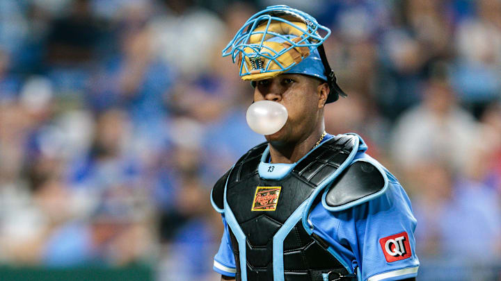 Sep 20, 2025; Kansas City, Missouri, USA; Kansas City Royals catcher Salvador Perez (13) heads to the dugout after the eighth inning against the Toronto Blue Jays at Kauffman Stadium. Mandatory Credit: William Purnell-Imagn Images