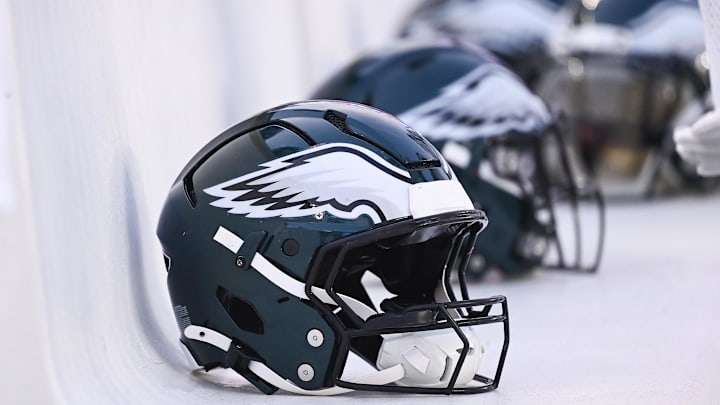 Aug 15, 2024; Foxborough, MA, USA; Philadelphia Eagles helmets sit on the bench during the first half against the New England Patriots at Gillette Stadium. Mandatory Credit: Eric Canha-Imagn Images
