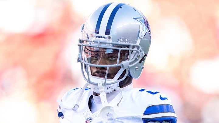 October 8, 2023; Santa Clara, California, USA; Dallas Cowboys cornerback Jourdan Lewis (2) warms up before the game against the San Francisco 49ers at Levi's Stadium. Mandatory Credit: Kyle Terada-Imagn Images