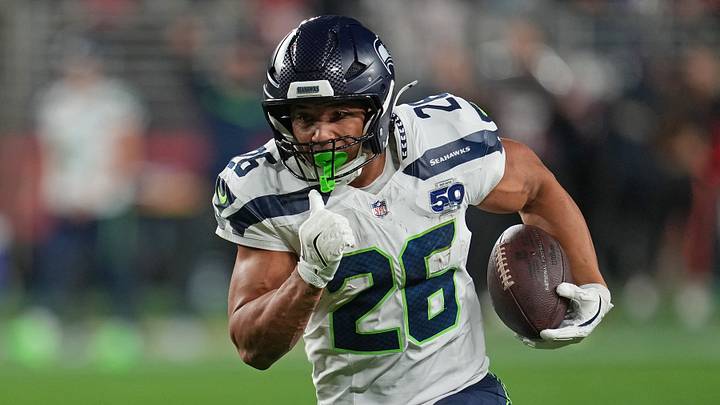 Seattle Seahawks running back Zach Charbonnet (26) rushes the ball against the San Francisco 49ers during the first half at Levi's Stadium.