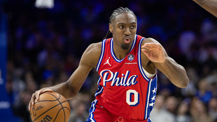 Jan 10, 2025; Philadelphia, Pennsylvania, USA; Philadelphia 76ers guard Tyrese Maxey (0) controls the ball against the New Orleans Pelicans during the second quarter at Wells Fargo Center. Mandatory Credit: Bill Streicher-Imagn Images