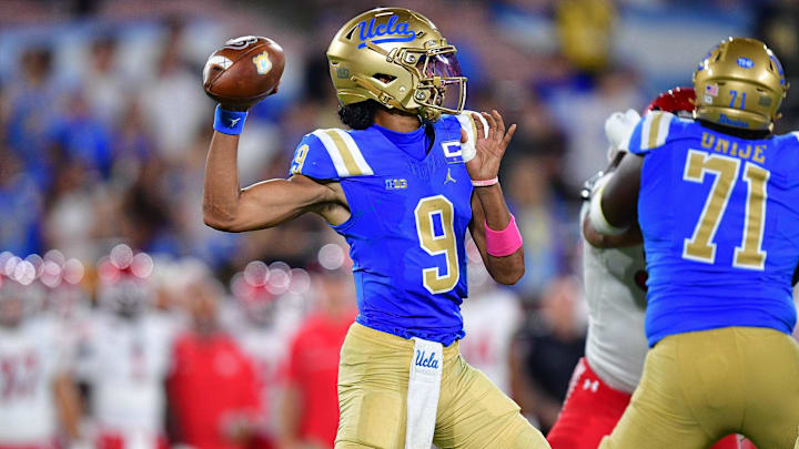 Aug 30, 2025; Pasadena, California, USA; UCLA Bruins quarterback Nico Iamaleava (9) throws against the Utah Utes during the second half at Rose Bowl. Mandatory Credit: Gary A. Vasquez-Imagn Images Aug 30, 2025; Pasadena, California, USA; UCLA Bruins quarterback Nico Iamaleava (9) throws against the Utah Utes during the second half at Rose Bowl. Mandatory Credit: Gary A. Vasquez-Imagn Images