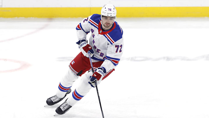Oct 30, 2023; Winnipeg, Manitoba, CAN;New York Rangers center Filip Chytil (72) warms up before a