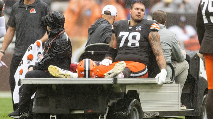 Sep 10, 2023; Cleveland, Ohio, USA; Cleveland Browns offensive tackle Jack Conklin (78) rides the medical cart back to the locker room following an injury during the first half at Cleveland Browns Stadium. Mandatory Credit: Scott Galvin-USA TODAY Sports