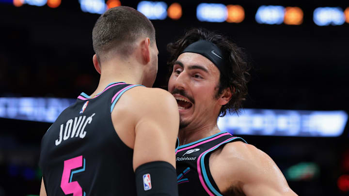 Dec 27, 2025; Miami, Florida, USA; Miami Heat forward Jaime Jaquez Jr. (11) celebrates with forward Nikola Jovic (5) against the Indiana Pacers during the second half at Kaseya Center. Mandatory Credit: Sam Navarro-Imagn Images 