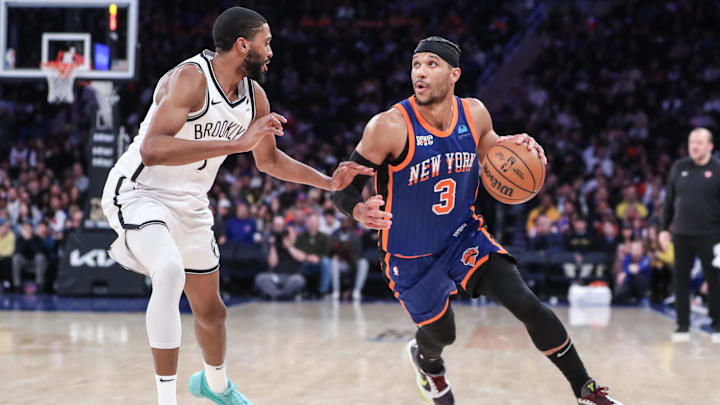 Mar 23, 2024; New York, New York, USA;  New York Knicks guard Josh Hart (3) looks to drive past Brooklyn Nets forward Mikal Bridges (1) in the third quarter at Madison Square Garden. Mandatory Credit: Wendell Cruz-USA TODAY Sports
