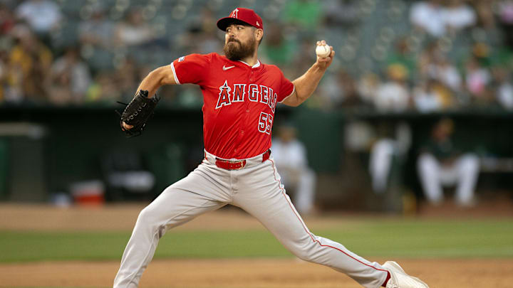 Jul 3, 2024; Oakland, California, USA; Los Angeles Angels pitcher Matt Moore (55) delivers a pitch against the Oakland Athletics during the sixth inning at Oakland-Alameda County Coliseum. 