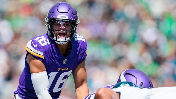 Minnesota Vikings quarterback Jaren Hall (16) calls out before the snap during the second quarter against the Philadelphia Eagles at Lincoln Financial Field in Philadelphia on Aug. 24, 2024. Minnesota Vikings quarterback Jaren Hall (16) calls out before the snap during the second quarter against the Philadelphia Eagles at Lincoln Financial Field in Philadelphia on Aug. 24, 2024.