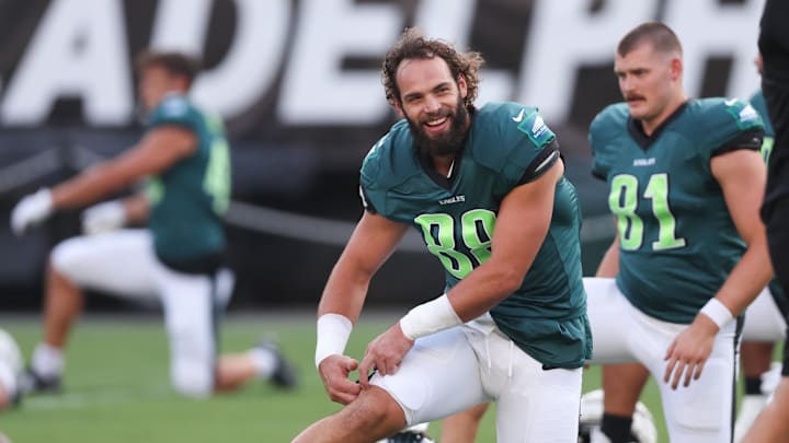 Aug 1, 2024; Philadelphia, PA, USA; Philadelphia Eagles tight end Dallas Goedert (88) stretches during a training camp practice at Lincoln Financial Field. Mandatory Credit: Bill Streicher-USA TODAY Sports