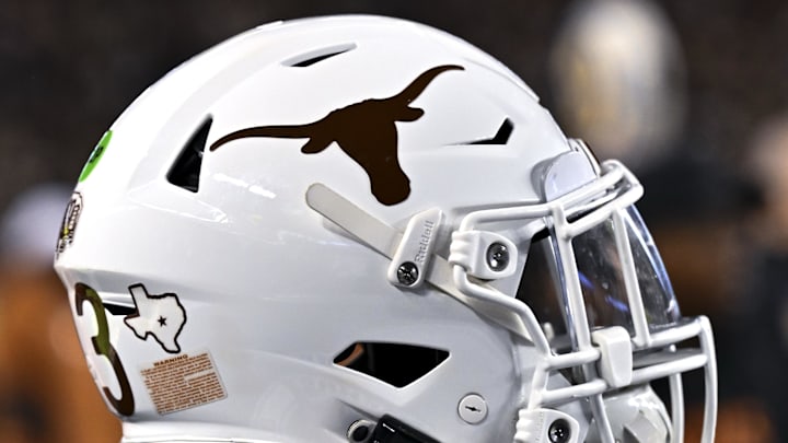 Texas Longhorns helmet on the sideline during the first quarter against the Texas A&M Aggies. Texas Longhorns helmet on the sideline during the first quarter against the Texas A&M Aggies.