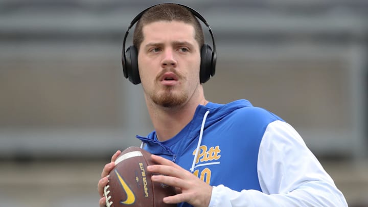Nov 16, 2024; Pittsburgh, Pennsylvania, USA;  Pittsburgh Panthers quarterback Eli Holstein (10) warms up before the game against the Clemson Tigers at Acrisure Stadium. Mandatory Credit: Charles LeClaire-Imagn Images