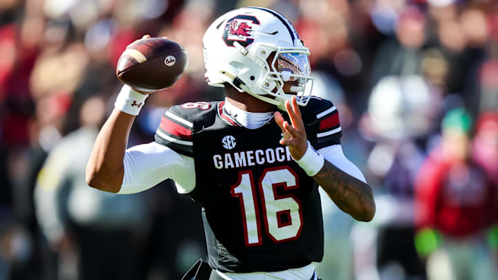 Nov 29, 2025; Columbia, South Carolina, USA; South Carolina Gamecocks quarterback Lanorris Sellers (16) passes against the Clemson Tigers in the first quarter at Williams-Brice Stadium. Mandatory Credit: Jeff Blake-Imagn Images Nov 29, 2025; Columbia, South Carolina, USA; South Carolina Gamecocks quarterback Lanorris Sellers (16) passes against the Clemson Tigers in the first quarter at Williams-Brice Stadium. Mandatory Credit: Jeff Blake-Imagn Images