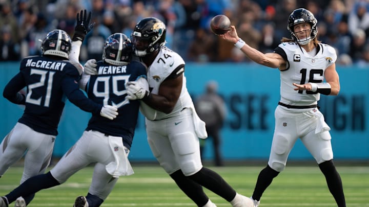Jacksonville Jaguars quarterback Trevor Lawrence (16) throws against the Tennessee Titans during their game at Nissan Stadium in Nashville, Tenn., Sunday, Jan. 7, 2024.