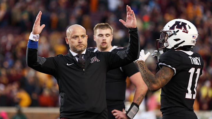 Nov 1, 2025; Minneapolis, Minnesota, USA; Minnesota Golden Gophers head coach P.J. Fleck reacts during overtime against the Michigan State Spartans at Huntington Bank Stadium. Mandatory Credit: Matt Krohn-Imagn Images