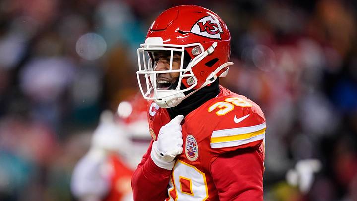 Jan 13, 2024; Kansas City, Missouri, USA; Kansas City Chiefs cornerback L'Jarius Sneed (38) reacts against the Miami Dolphins during the first half of the 2024 AFC wild card game at GEHA Field at Arrowhead Stadium. Mandatory Credit: Jay Biggerstaff-Imagn Images