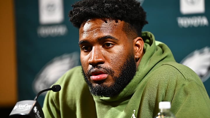 Philadelphia Eagles linebacker Bryce Huff speaks during a press conference after signing with the team.