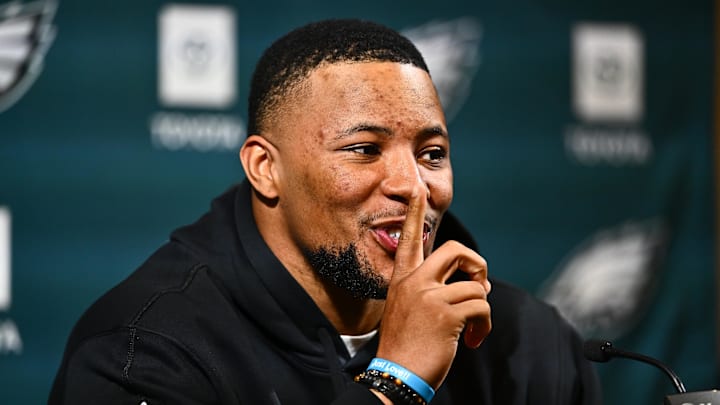 iMar 14, 2024; Philadelphia, PA, USA; Philadelphia Eagles running back Saquon Barkley gestures
