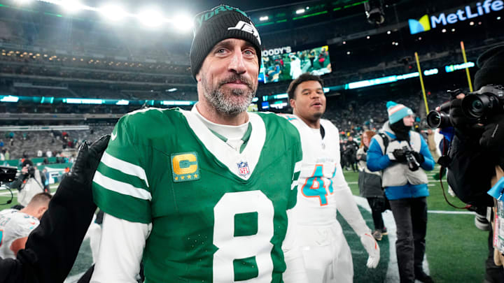 New York Jets quarterback Aaron Rodgers is shown after he led Gang Green to a 32-20 victory against the Miami Dolphins on Sunday, Jan. 5, 2025, in East Rutherford, N.J.