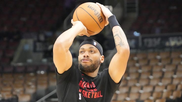 Apr 7, 2024; Toronto, Ontario, CAN; Toronto Raptors guard Bruce Brown (11) goes to shoot a basket during warm up before a game against the Washington Wizards at Scotiabank Arena. Mandatory Credit: John E. Sokolowski-Imagn Images