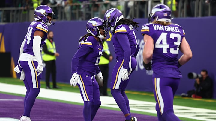 Oct 6, 2024; Tottenham, ENG; Minnesota Vikings Defensive Back Stephon Gilmore (2) celebrates his interception with Defensive Back Shaquill Griffin (1) in the 4th Quarter against New York Jets at Tottenham Hotspur Stadium. Oct 6, 2024; Tottenham, ENG; Minnesota Vikings Defensive Back Stephon Gilmore (2) celebrates his interception with Defensive Back Shaquill Griffin (1) in the 4th Quarter against New York Jets at Tottenham Hotspur Stadium.