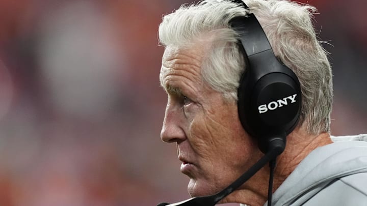 Nov 6, 2025; Denver, Colorado, USA; Las Vegas Raiders head coach Pete Carroll during the second half at Empower Field at Mile High. Mandatory Credit: Ron Chenoy-Imagn Images
