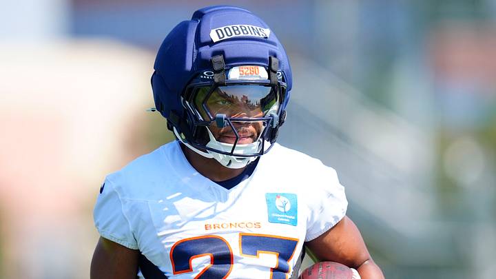 Denver Broncos running back J.K. Dobbins (27) during training camp at Broncos Park. Mandatory Credit: Ron Chenoy-Imagn Images Denver Broncos running back J.K. Dobbins (27) during training camp at Broncos Park. Mandatory Credit: Ron Chenoy-Imagn Images