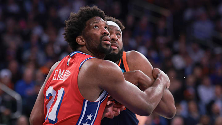 Apr 22, 2024; New York, New York, USA;  Philadelphia 76ers center Joel Embiid (21) battles for